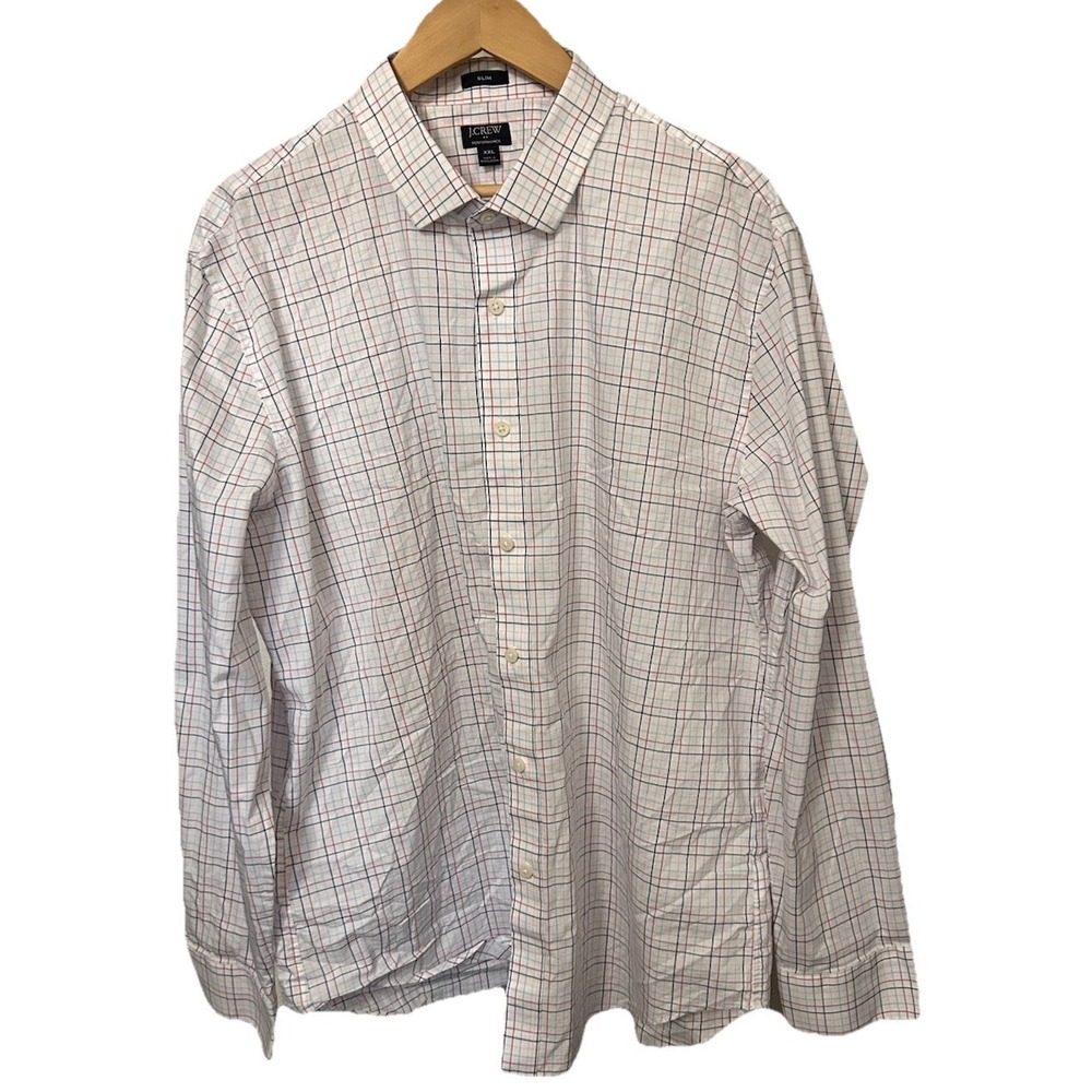 J. Crew Shirt Men's 2XL Performance Slim Fit Button Up White Blue Red Plaid 240